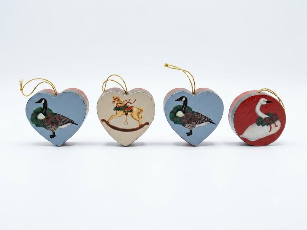 Vintage Wooden Christmas Ornaments Set of 4 - Canada Geese, Rocking Horse & Swan